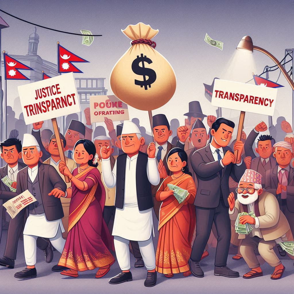 Corruption crime case lawyer An image of a legal gavel on a sound block placed on top of a document titled ‘CONTRACT.’ Surrounding the gavel are scattered coins, two types of scales, and a statue holding scales, which symbolize justice. In the background, there is a stack of books and two vintage hourglasses, suggesting a setting related to law and legal affairs. The overall composition conveys themes of law, order, and financial dealings.