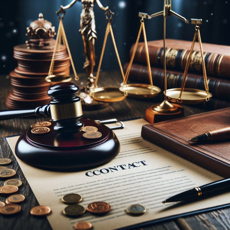 contract law lawyer Nepal An image of a legal gavel on a sound block placed on top of a document titled ‘CONTRACT.’ Surrounding the gavel are scattered coins, two types of scales, and a statue holding scales, which symbolize justice. In the background, there is a stack of books and two vintage hourglasses, suggesting a setting related to law and legal affairs. The overall composition conveys themes of law, order, and financial dealings.