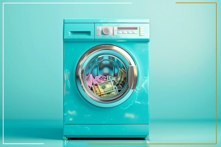 A turquoise washing machine with a transparent front loaded with cash, emitting a glow and surrounded by electrical arcs, possibly representing money laundering, associated with “Miracles Law Group.” This image effectively symbolizes the concept of money laundering and highlights the expertise of Miracles Law Group in handling such cases.