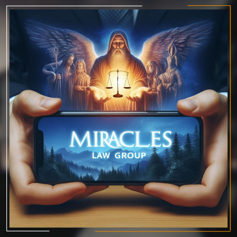 Divorce Law About us an illustration of two hands holding a smartphone. The screen of the smartphone displays a mountainous landscape with the words ‘MIRACLES LAW GROUP’ overlaid. Above the smartphone, an ethereal image emerges featuring a balanced scale flanked by two angelic figures, one playing a harp and the other holding a sword and scales of justice. The background shows an office setting with hands resting on a desk, suggesting a blend of legal professionalism and divine intervention.