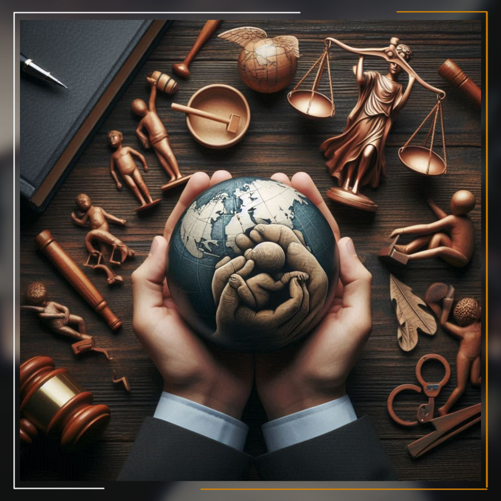 Miracles law Group juvenile Justice Child Crime Central Element: The image features a pair of hands in business attire cradling a globe. The globe bears an embossed figure resembling Lady Justice, symbolizing the global impact and protective nature of law. Surrounding Symbols: Scales of Justice: Representing fairness and balance. Gavel: Signifying authority and decision-making. Law Books: Symbolizing legal knowledge and education. Human Figurines: Posed as if discussing legal matters, emphasizing advocacy and guidance. Miracles Law Group seems to convey its commitment to global legal impact. 🌎⚖️