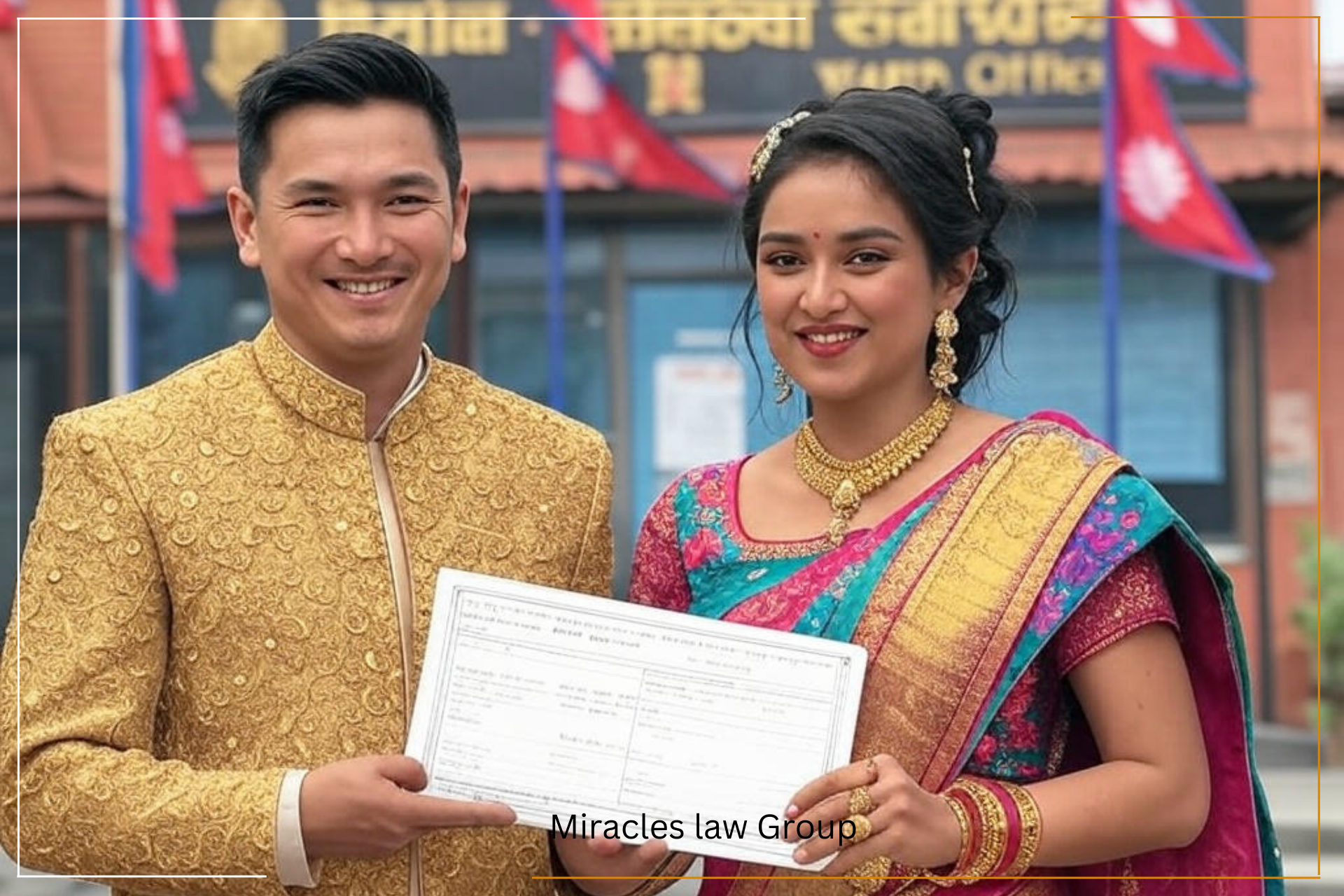 Scene: A Nepali couple dressed in traditional wedding attire, smiling warmly and holding a marriage certificate together. The couple is the focal point, symbolizing the celebration of marriage and the legal step they are taking. Setting: They stand in front of a municipal building with a sign that reads "Ward Office" in both Nepali (e.g., "वडा कार्यालय") and English. This connects directly to the marriage registration process in Nepal, which typically occurs at local ward offices. Cultural Elements: The couple wears traditional Nepali clothing, such as a red sari and daura suruwal, reflecting wedding customs. Subtle Nepali flags wave in the background, alongside traditional patterns or motifs (e.g., floral designs or mandalas), emphasizing the location and cultural heritage. Color Palette: The image uses vibrant yet balanced colors—reds and golds for the wedding attire and accents, paired with greens in the background—to reflect Nepal’s rich cultural vibrancy while maintaining a professional and welcoming feel. Mood and Composition: The couple is positioned in the foreground, with the municipal building slightly blurred in the background for depth. The bright colors and smiling expressions create a positive, trustworthy atmosphere, ideal for an informative law firm blog.