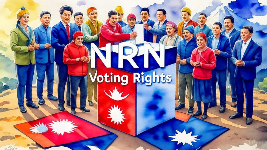 A raw stencil-cut street art piece featuring a ballot box with muted crimson, blue, and gold tones, a defiant hand casting a vote against a gritty urban Himalayan silhouette. Subtle khukuri and diyo outlines blend into the design, with diverse Nepali faces (including Madhesi and indigenous) and raised fists symbolizing 2025 unrest. Sharp 2D designs and a textured cityscape background, avoiding pure white or black, convey a bold call for NRN voting rights.